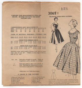 1950's Mail Order One-Piece Scoop Neck and Full Skirt Dress Pattern - Bust 31" - No. 3062