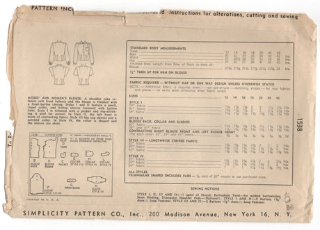 1940's Simplicity Blouse Pattern with Two Sleeve Lengths - Bust 32" - No. 1538