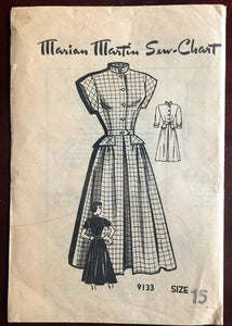 1950's Marian Martin One-Piece Dress with High Collar and Cap or Long Sleeves - Bust 33" - UC/FF - No. 9133