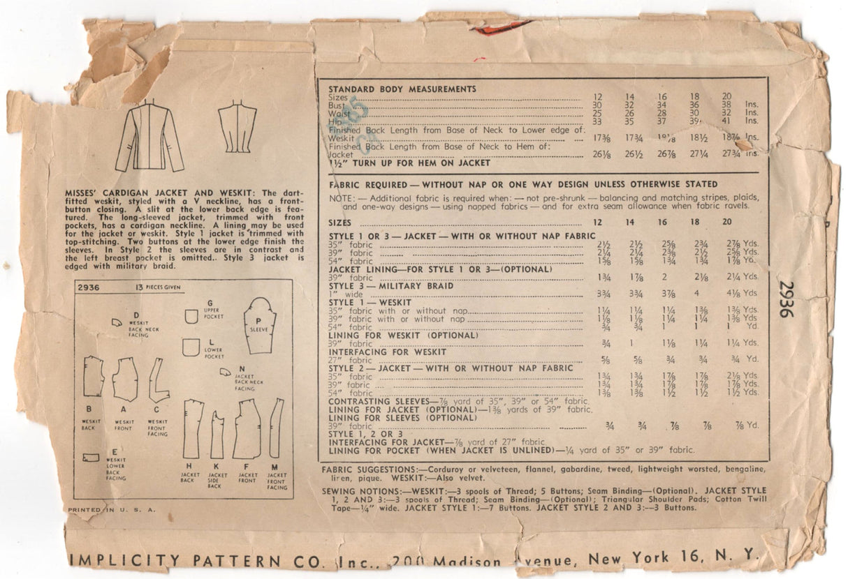 1940's Simplicity Jacket and Vest pattern - Bust 32" - No. 2936