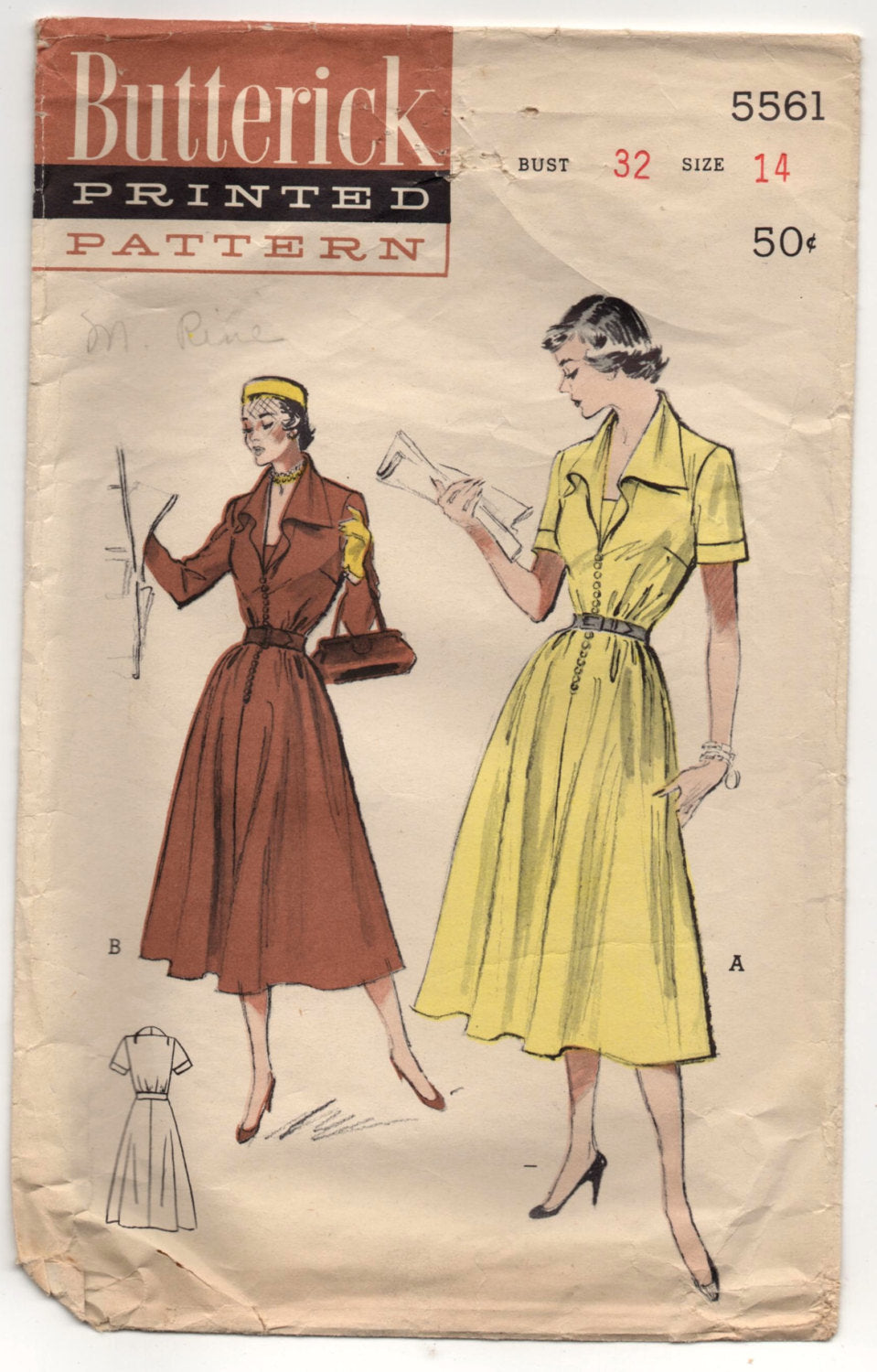 1950's Butterick One-Piece Dress with Flyaway Collar Pattern - Bust 32