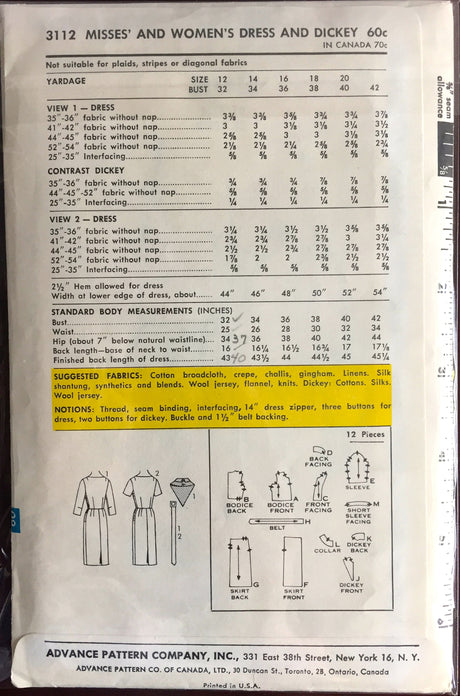 1960's Butterick One-Piece Mod Career Dress Pattern - Bust 32" - No. 3112