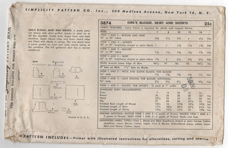 1950's Simplicity Girl's Peasant Top, Full Skirt and Shorts Pattern - Bust 28" - No. 3874