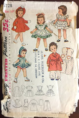 1950's Simplicity Wardrobe, Robe, Coat, Hat, Dress, Pajamas Doll Pattern- 16" doll - No. 3728