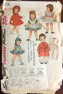 1950's Simplicity Wardrobe, Robe, Coat, Hat, Dress, Pajamas Doll Pattern- 16" doll - No. 3728