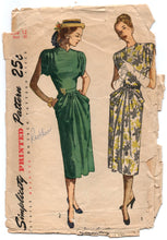 1940's Simplicity One Piece Dress Pattern with pockets and flowing sleeves and gathered front - Bust 30" - No. 2087