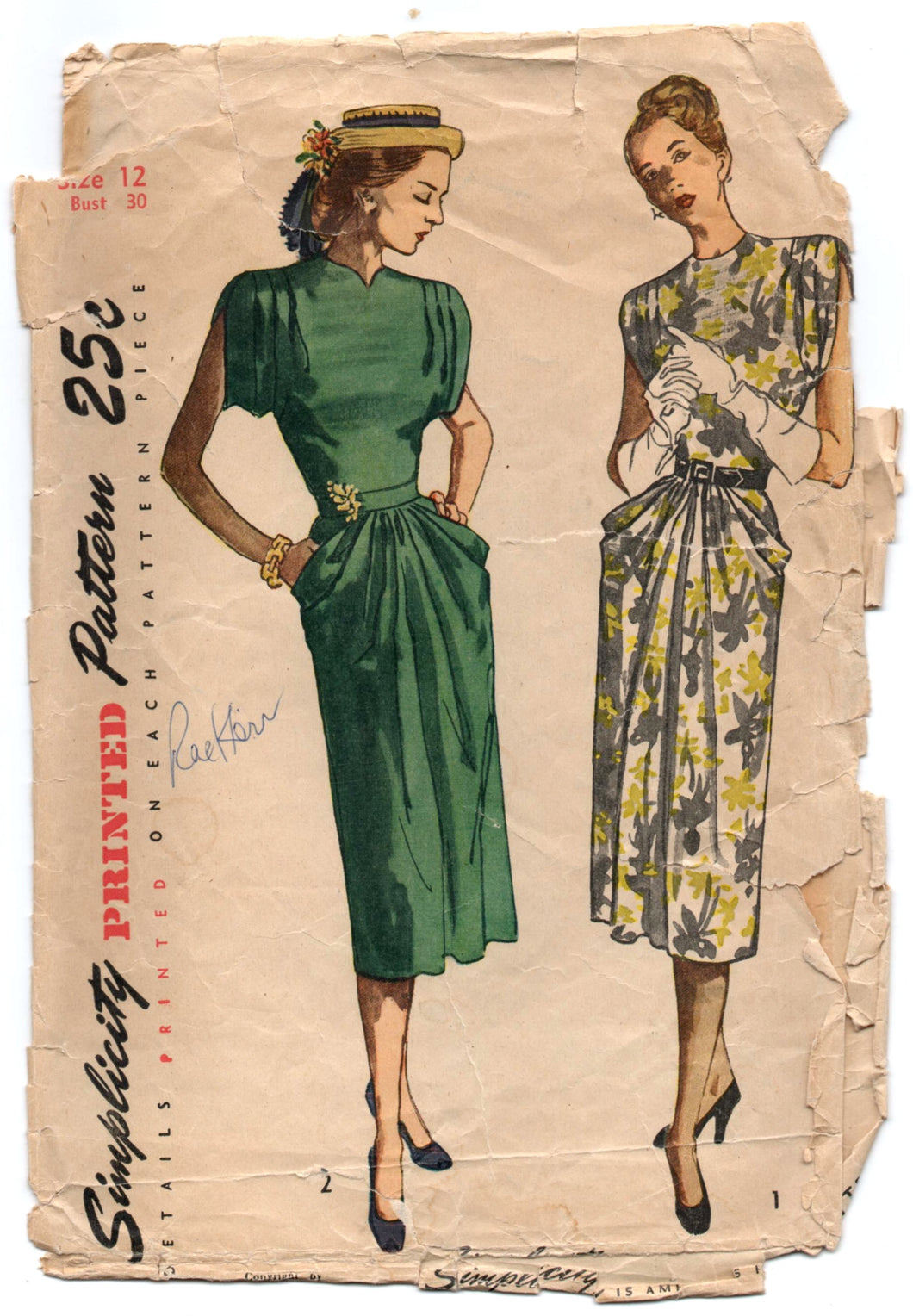 1940's Simplicity One Piece Dress Pattern with pockets and flowing sleeves and gathered front - Bust 30