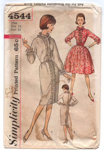 1960's Simplicity One-Piece Dress with Ruffle detailing and elbow or long sleeves - Bust 34" - UC/FF - No. 4544