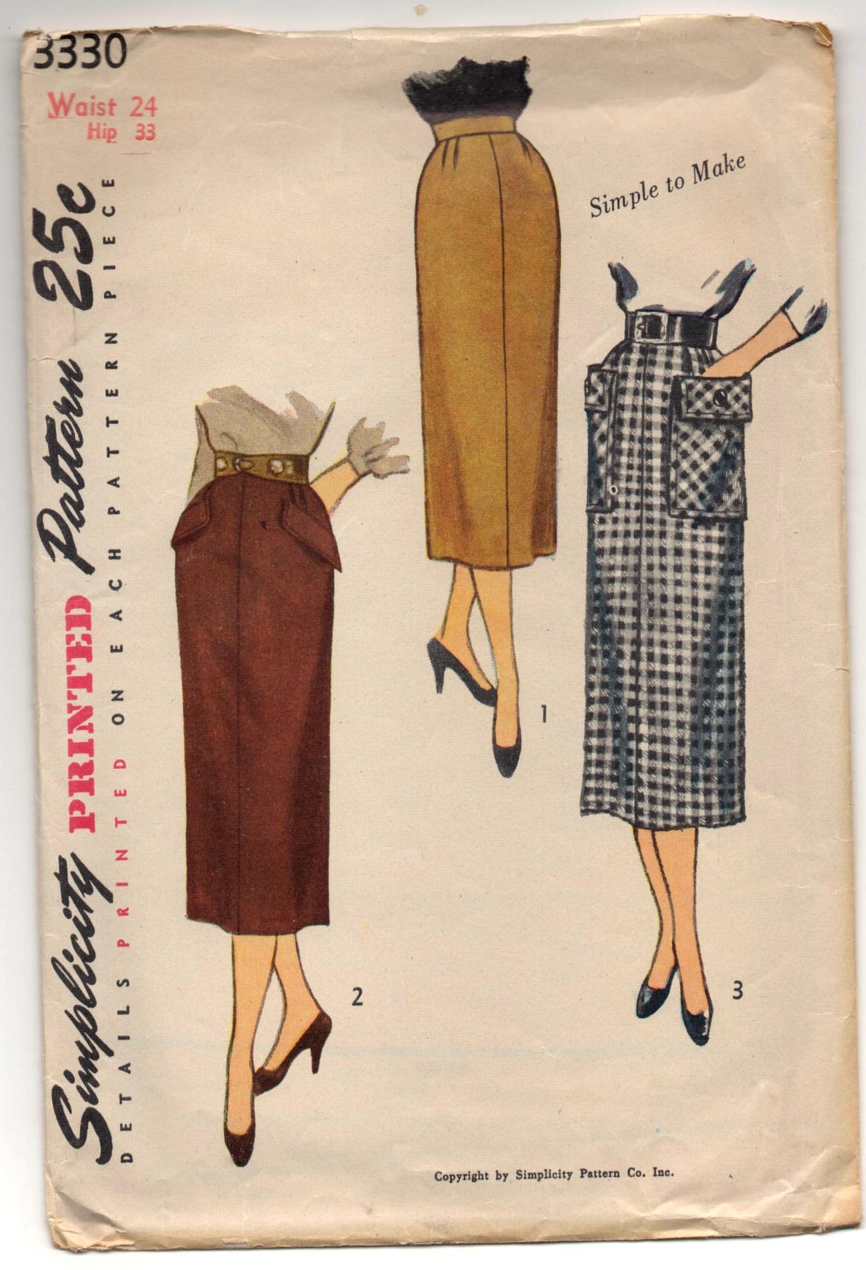 1950's Simplicity Slim  Skirt with Patch Pockets Pattern - Waist 24" - no. 3330