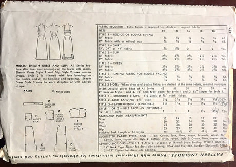 1950's Simplicity Sheath Dress and Slip Pattern - Chest 30" - No. 3594