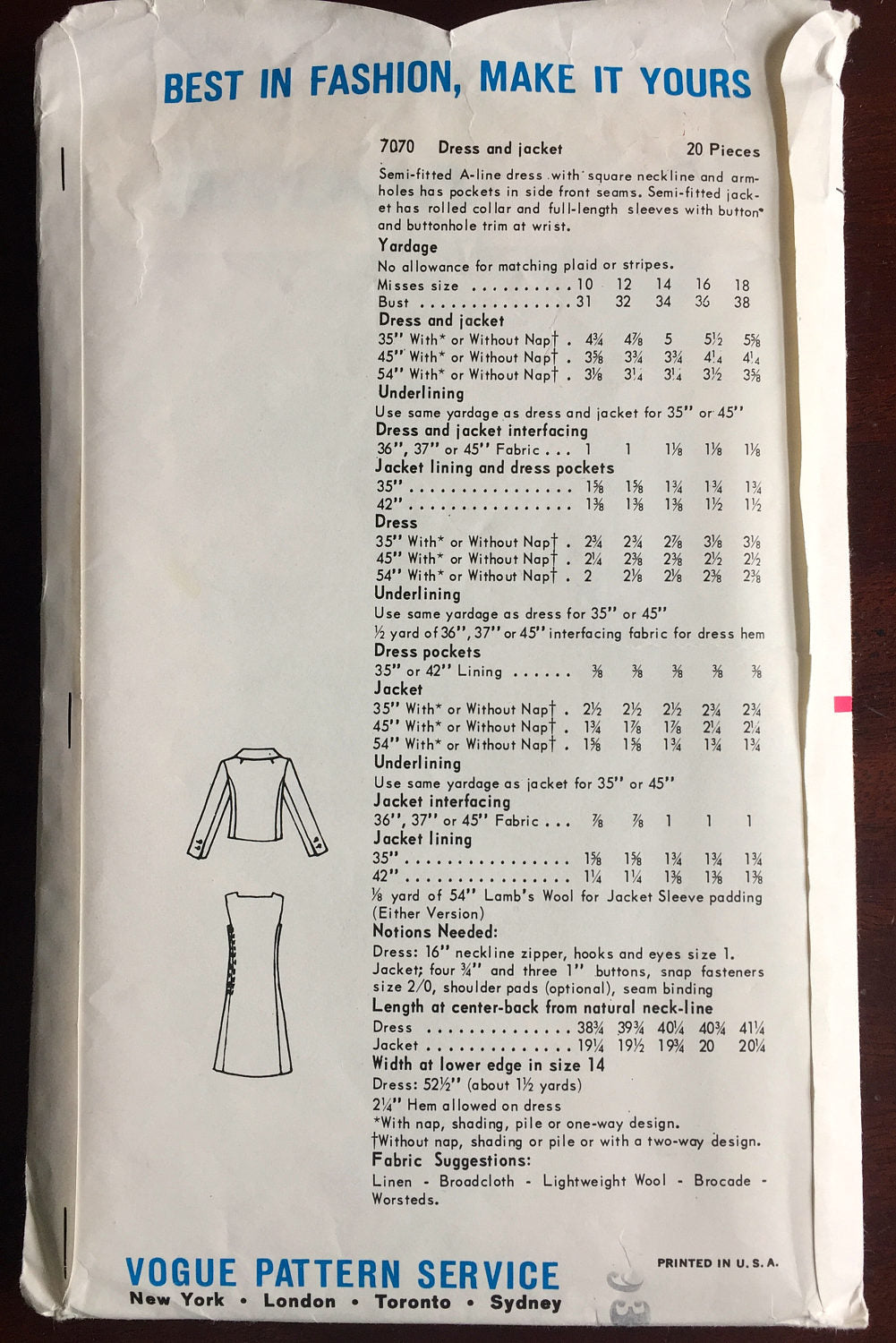 1960's Vogue One-Piece Dress with Jacket Pattern - Bust 32" - No. 7070