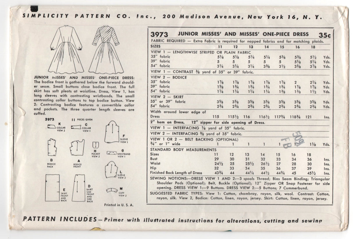 1950's Simplicity Shirtwaist Dress and Full Skirt pattern - Bust 30" - UC/FF - No. 3973