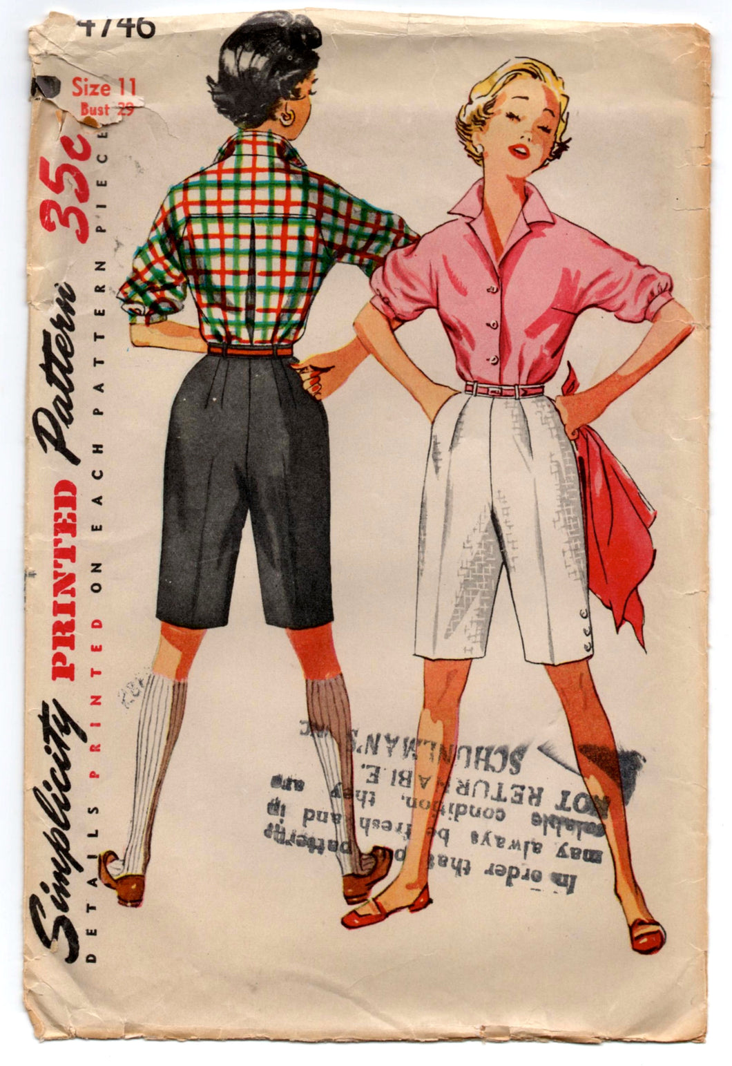 1950's Simplicity Button-Up Blouse with Elbow Length Sleeves and High Waisted Shorts Pattern - Bust 29