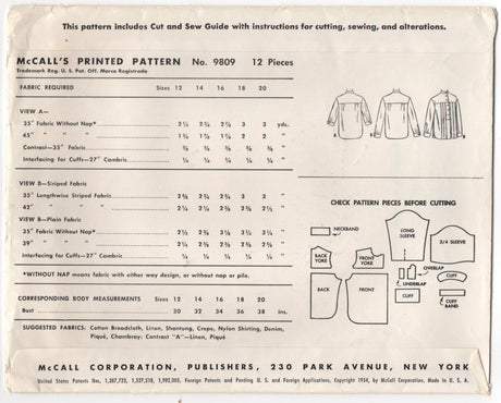 1950's McCall's Blouse Pattern with Long Sleeves and High Collar Pattern - Bust 30" - No. 9809