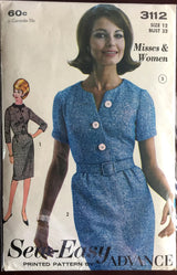 1960's Butterick One-Piece Mod Career Dress Pattern - Bust 32" - No. 3112