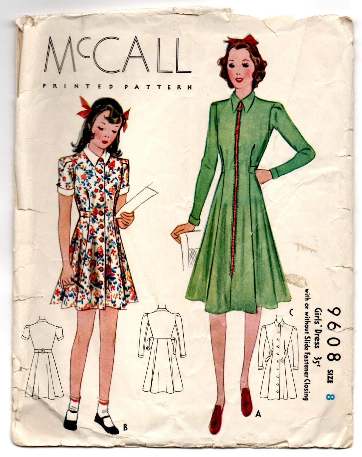 1930's McCall Girl's One-Piece Dress with Zip or Button Front Pattern - Breast 26" - No. 9608