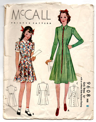 1930's McCall Girl's One-Piece Dress with Zip or Button Front Pattern - Breast 26