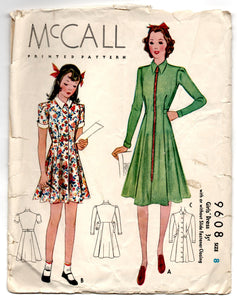 1930's McCall Girl's One-Piece Dress with Zip or Button Front Pattern - Breast 26" - No. 9608
