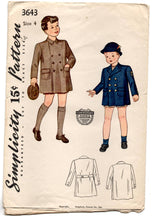 1940's Simplicity Boy's Double Breasted Coat Pattern - 4 years - UC/FF - No. 3643
