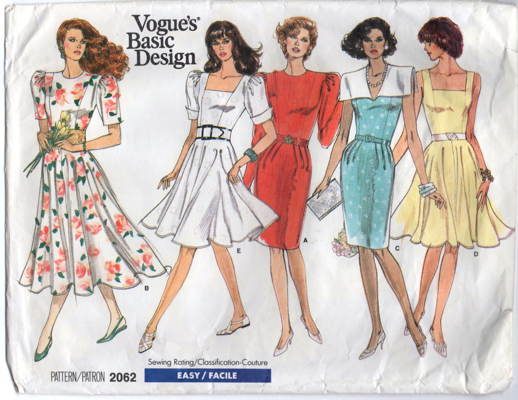 1980's Vogue Basic Design One Piece Dress with 3 Sleeve styles and 3 Collar Styles Pattern - Bust 31.5-32.5