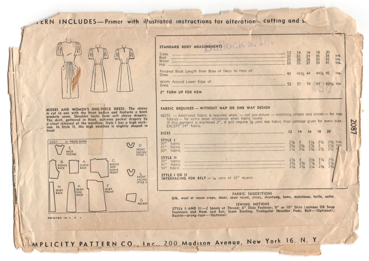 1940's Simplicity One Piece Dress Pattern with pockets and flowing sleeves and gathered front - Bust 30" - No. 2087