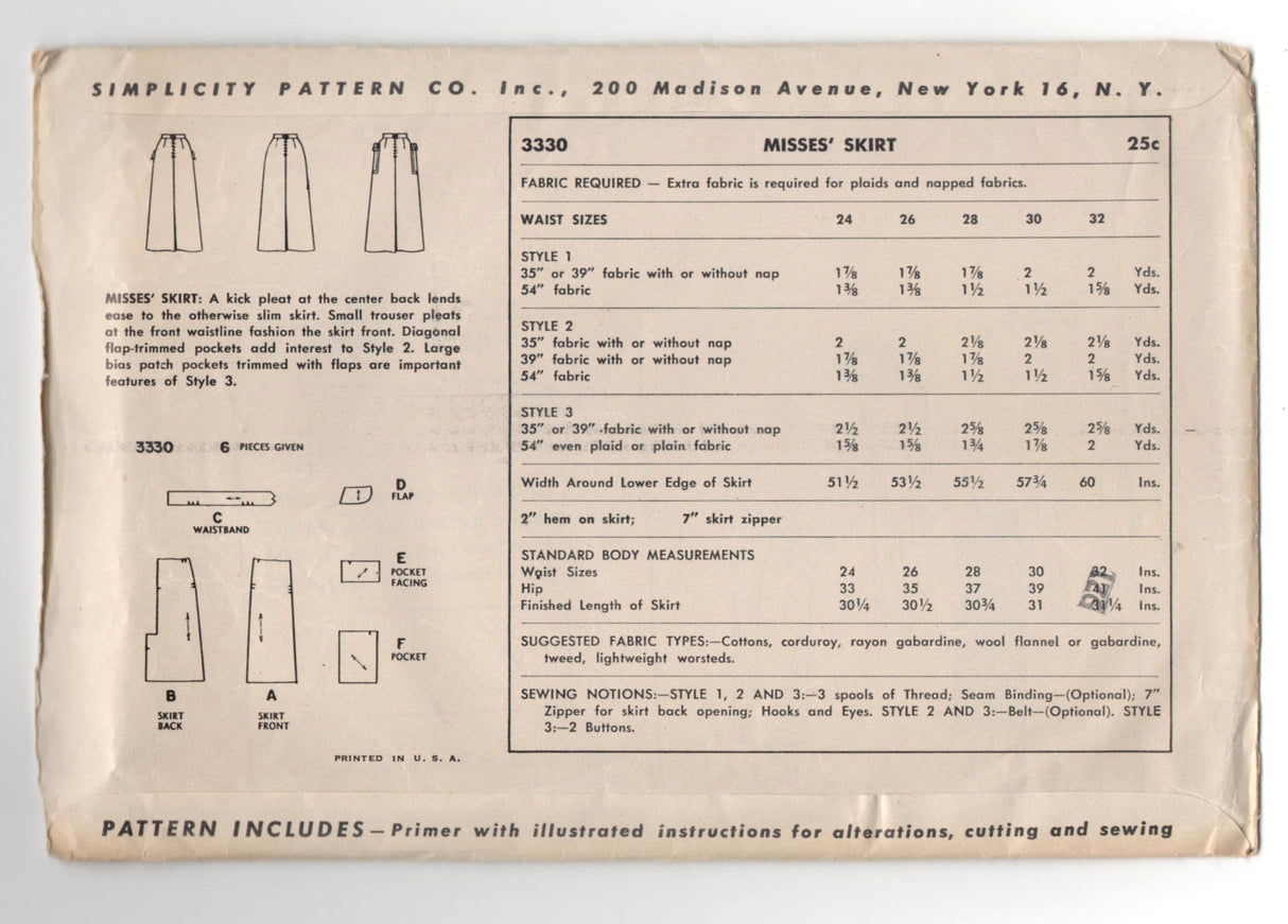 1950's Simplicity Slim  Skirt with Patch Pockets Pattern - Waist 24" - no. 3330