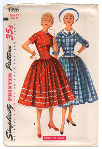 1950's Simplicity Rockabilly Dress with Drop Waist and Full Skirt pattern - Bust 29" - UC/FF - No. 4996