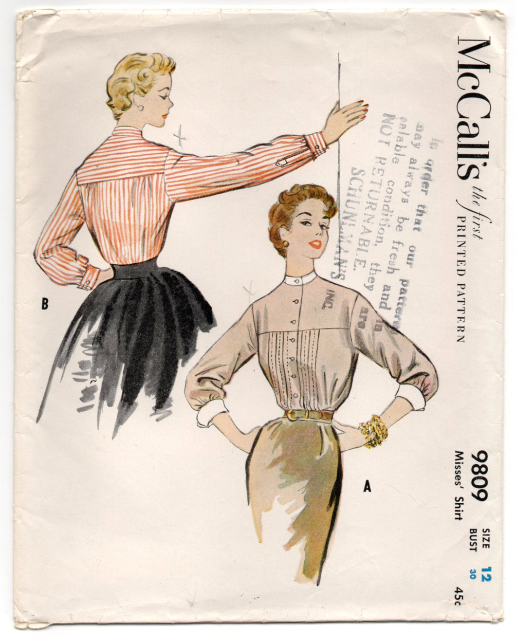 1950's McCall's Blouse Pattern with Long Sleeves and High Collar Pattern - Bust 30