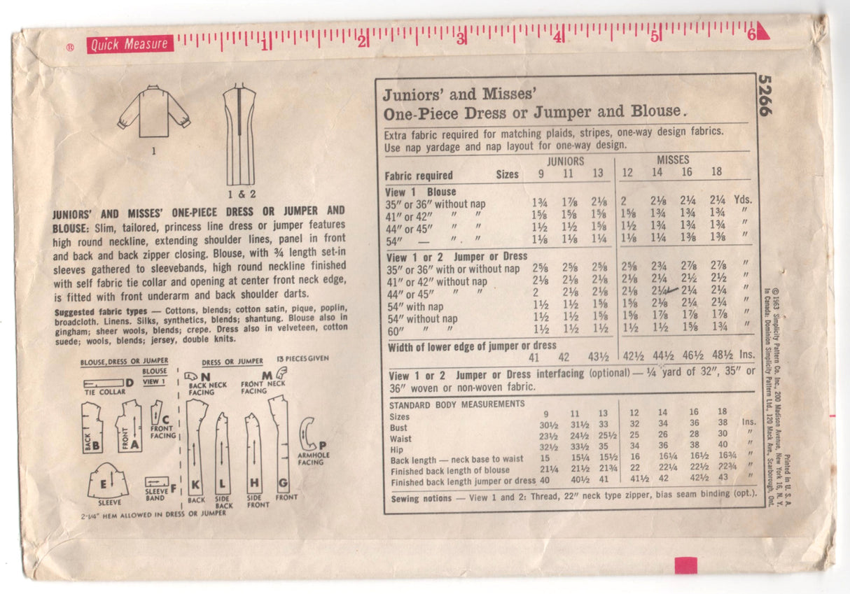 1960's Simplicity One-Piece Mod Dress and Blouse Pattern - Bust 34" - No. 5266