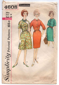 1960's Simplicity One-Piece Day Dress with Pencil or A Line Skirt Pattern - Bust 34" - No. 4608