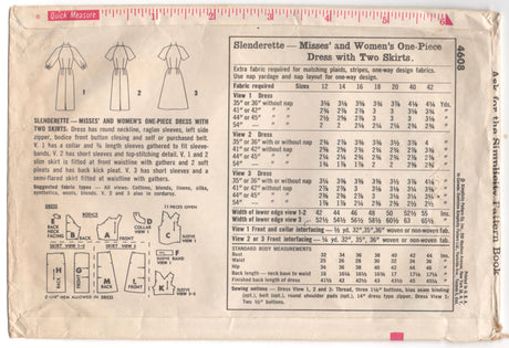 1960's Simplicity One-Piece Day Dress with Pencil or A Line Skirt Pattern - Bust 34" - No. 4608