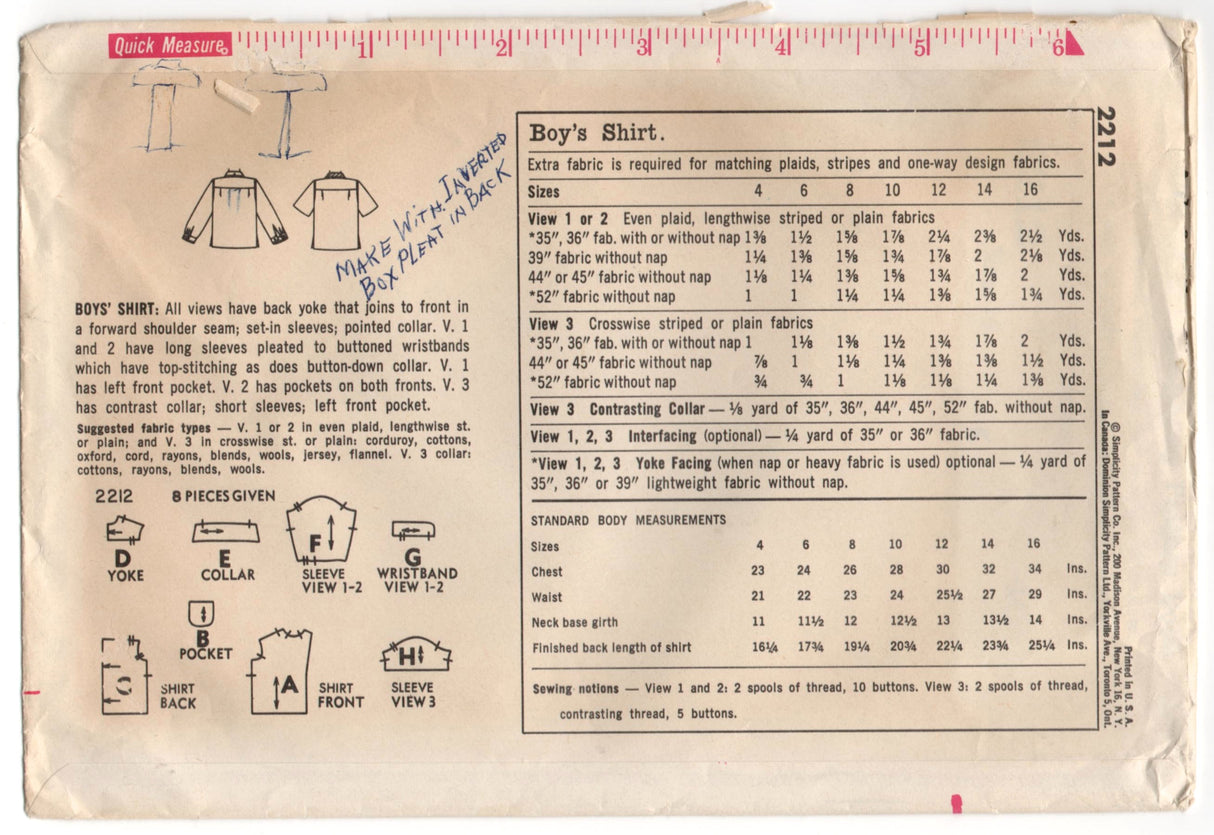 1960's Simplicity Boy's Dress Shirt pattern - Chest 34" - No. 2212