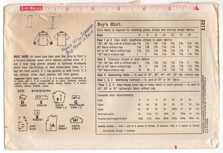 1960's Simplicity Boy's Dress Shirt pattern - Chest 34" - No. 2212