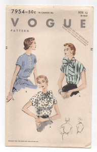 1950's Vogue Blouse with Large Bow or Slit Neck with Cap Sleeves Pattern - Bust 30" - No. 7954