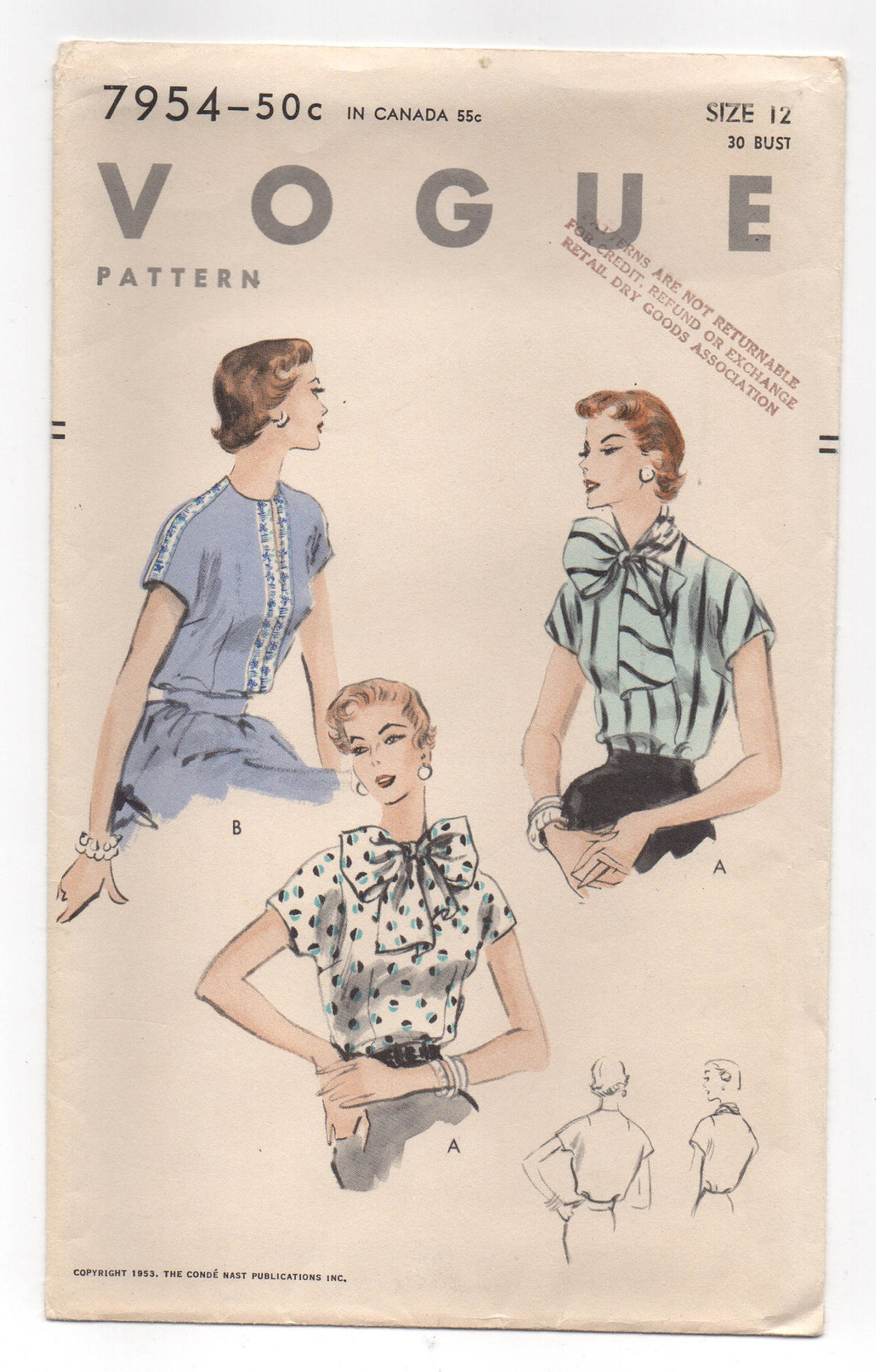 1950's Vogue Blouse with Large Bow or Slit Neck with Cap Sleeves Pattern - Bust 30