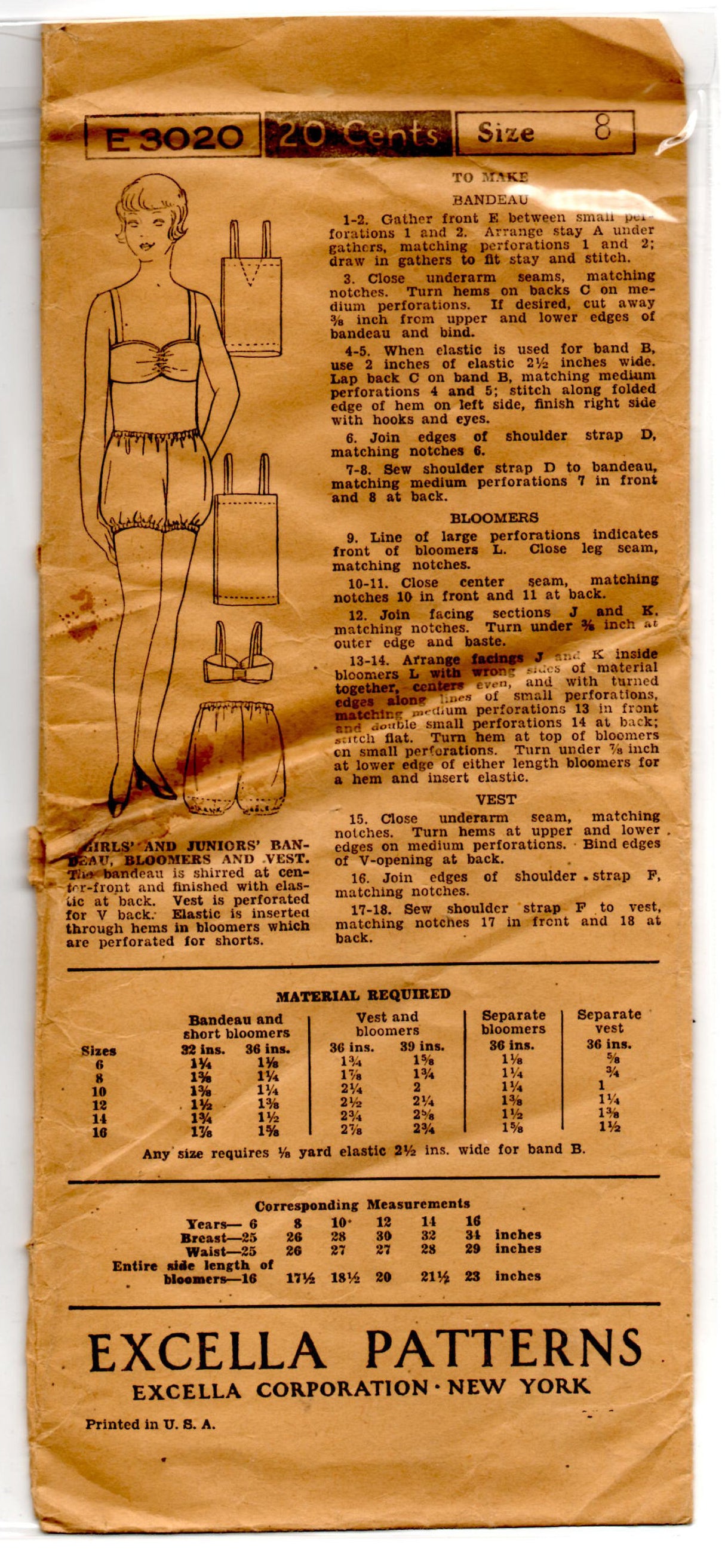 1930's Excella Bra, Bloomers and Undershirt for Girls Pattern - Breast 26" - No. E3020