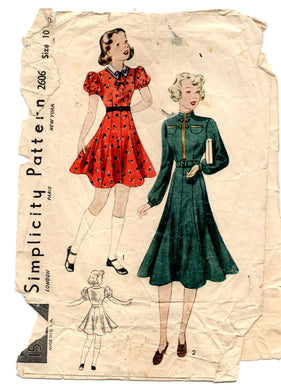 1930's Simplicity Girl's One-Piece Dress with Puff Sleeves or Long Sleeves Pattern - Breast 28