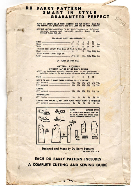 1940's DuBarry Child's Coat with Button or Fly Front Pattern - 4 years - No. 5570