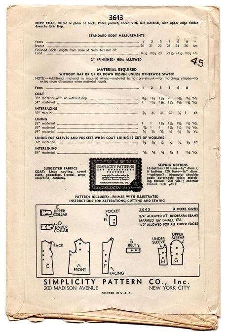 1940's Simplicity Boy's Double Breasted Coat Pattern - 4 years - UC/FF - No. 3643