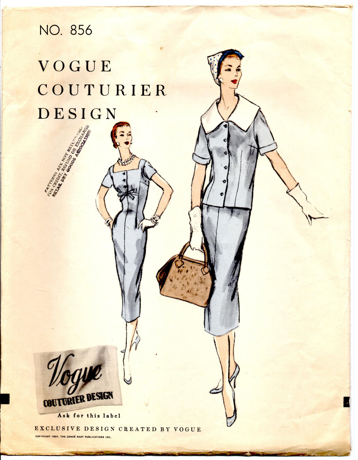 1950's Vogue Couturier Design One-Piece Dress with Bow detail and Jacket Pattern - Bust 30" - No. 856