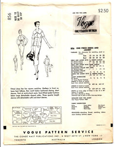 1950's Vogue Couturier Design One-Piece Dress with Bow detail and Jacket Pattern - Bust 30" - No. 856