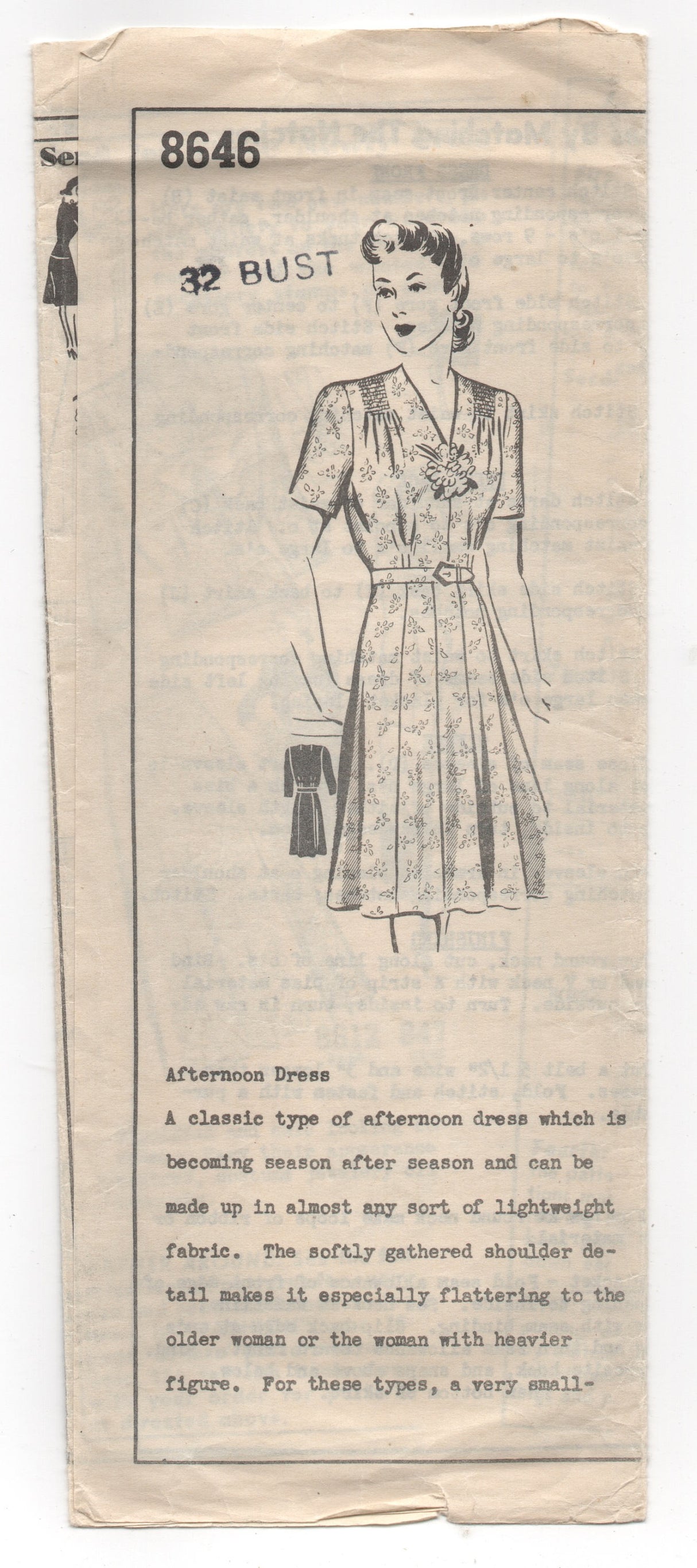 1940's Mail Order One Piece Dress with Gathered Shoulders and Two Sleeve options Pattern - Bust 32" - No. 8646