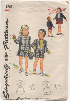 1940's Simplicity Brother and Sister Suit and Hat Pattern - 1 years - UC/FF - No. 1201