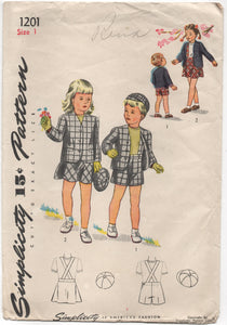 1940's Simplicity Brother and Sister Suit and Hat Pattern - 1 years - UC/FF - No. 1201