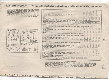 1940's Simplicity Brother and Sister Suit and Hat Pattern - 1 years - UC/FF - No. 1201