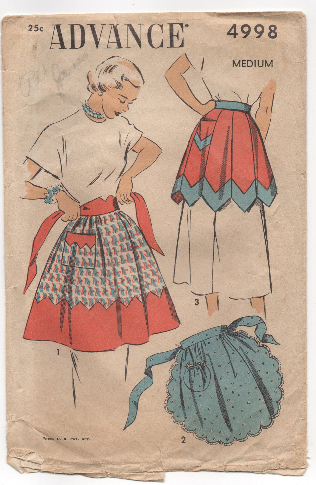 1940's Advance Scalloped Apron, Gored Apron or Apron with Contrasting Band Pattern - Waist 28-30