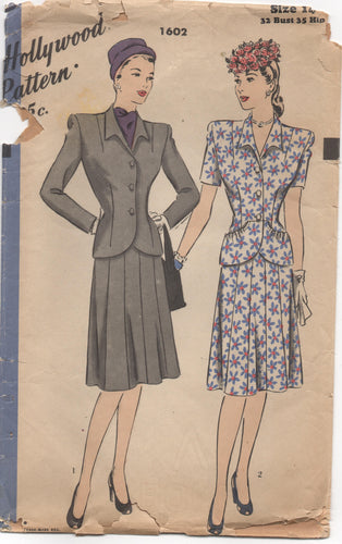 1940's Hollywood Two Piece Suit-Dress with Peplum Pockets - Bust 32