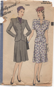 1940's Hollywood Two Piece Suit-Dress with Peplum Pockets - Bust 32" - UC/FF - No. 1602