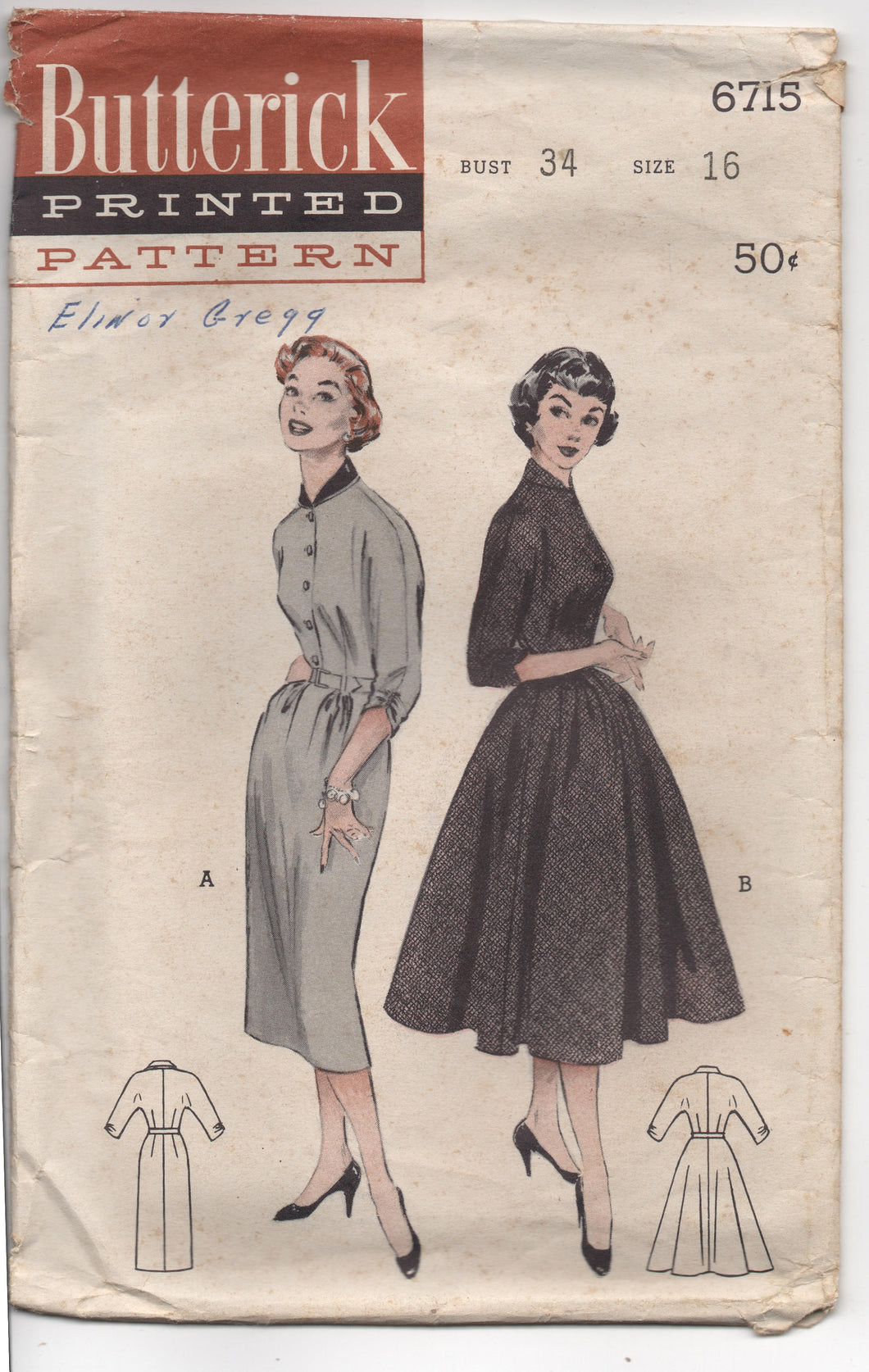 1950's Butterick One Piece Dress with Sloped Shoulders and Bouffant Skirt Pattern - Bust 34