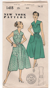 1950's New York One-Piece Dress with Cross over yoke and Pocket Pattern - Bust 32" - No. 1418